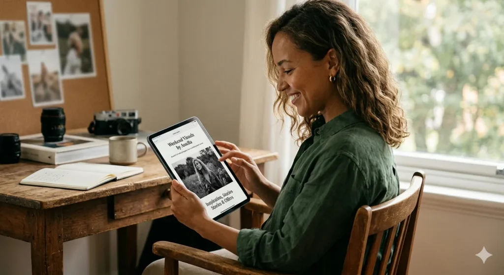 creative professional smiling while reviewing email newsletters on a laptop or tablet — natural, editorial feel. Alternatively, a real Flodesk email example showing a photography-style newsletter/