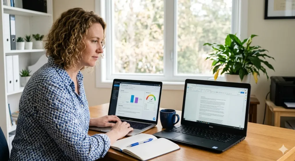 business lady comparing software