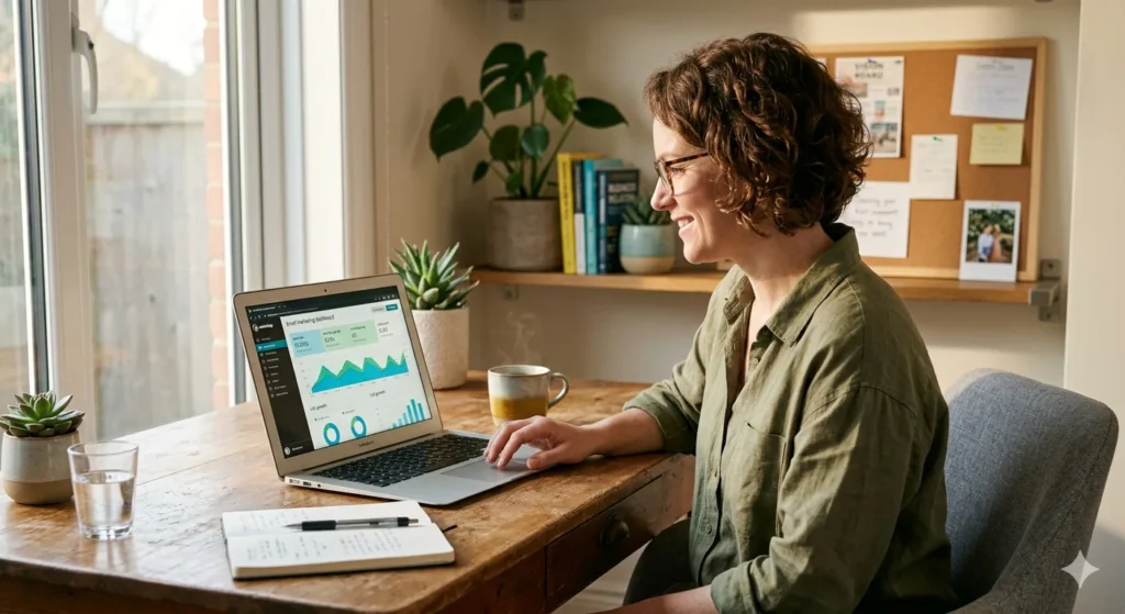 woman sitting at a desk using her laptop to check emails